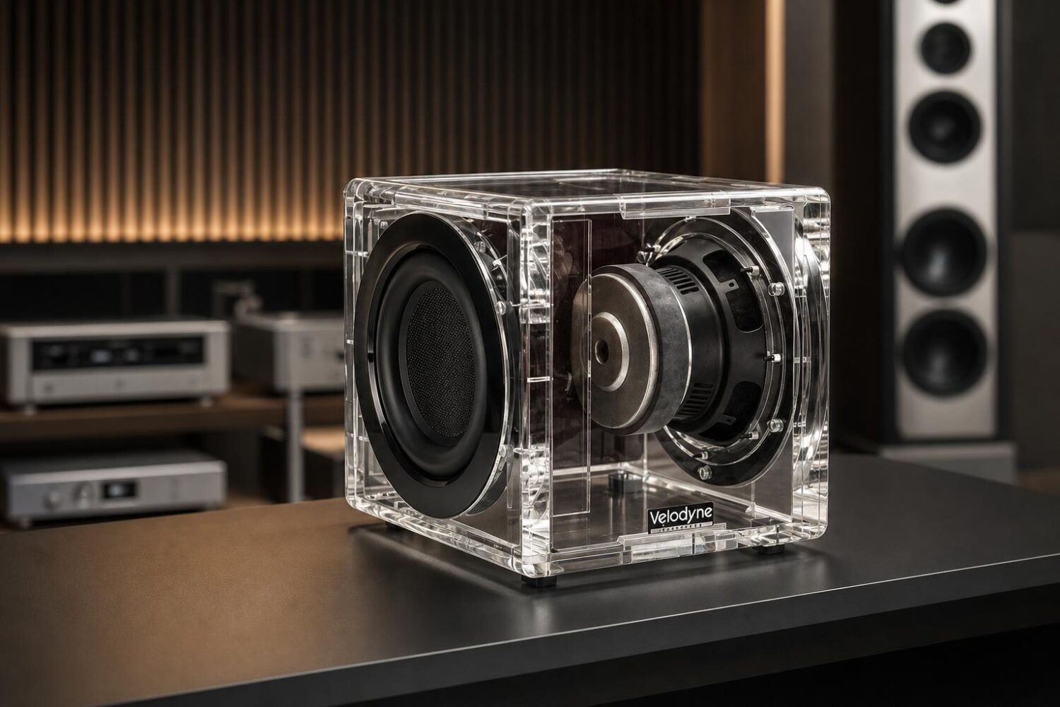 Velodyne MiniVee X Acryl transparent subwoofer with visible driver and electronics