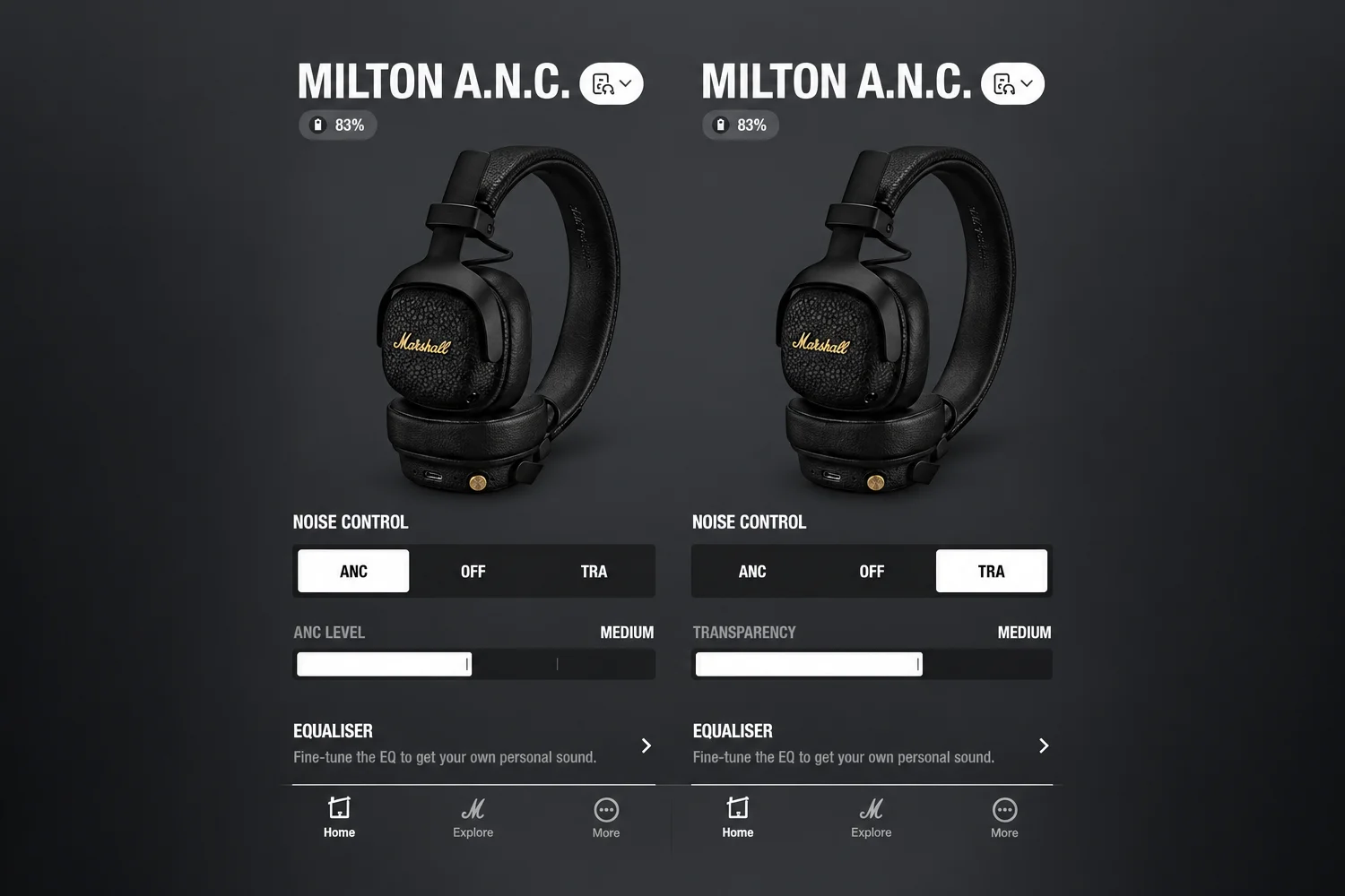 The Marshall app gives direct control over ANC, Transparency mode and EQ from a clean, straightforward interface.