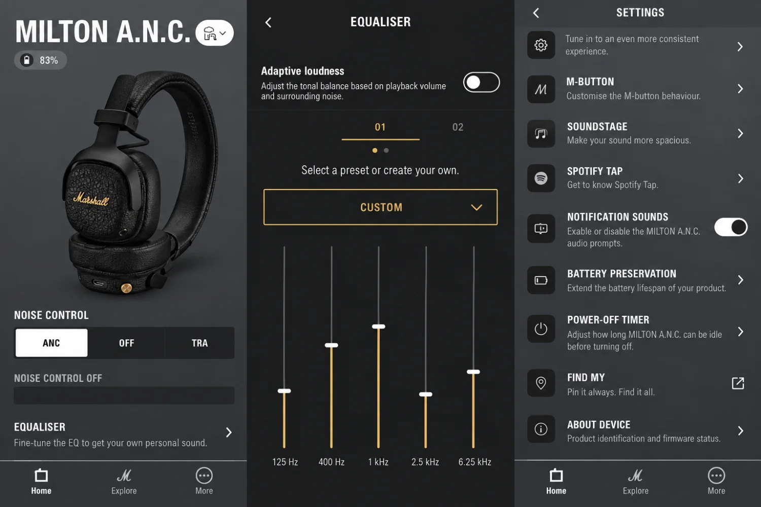The built-in equaliser offers custom tuning across five frequency bands for more personalized sound.Marshall’s settings menu includes Soundstage processing, Spotify Tap, battery preservation and customizable M-button controls.