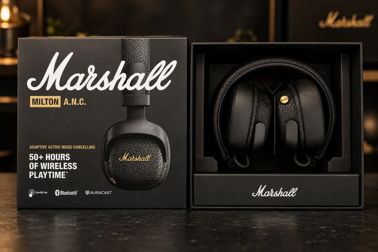 Inside the box, Marshall includes the Milton A.N.C., a USB-C charging cable, 3.5 mm audio cable and protective pouch.