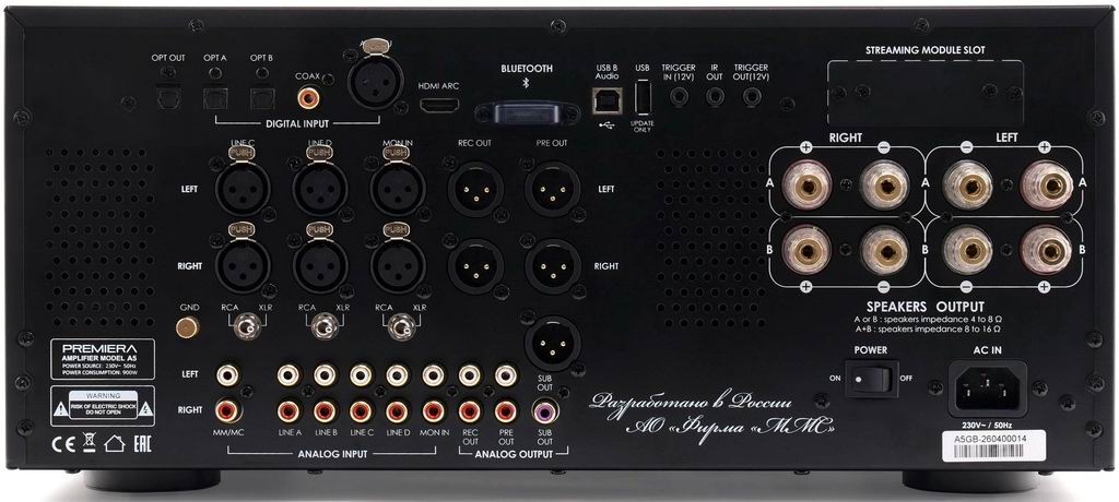 Premiera Goes All-In on Class AB With the 275W A5 Axiom 3 The rear panel combines HDMI ARC, USB Audio, AES/EBU, optical and coaxial digital inputs with MM/MC phono, XLR connections and subwoofer outputs.