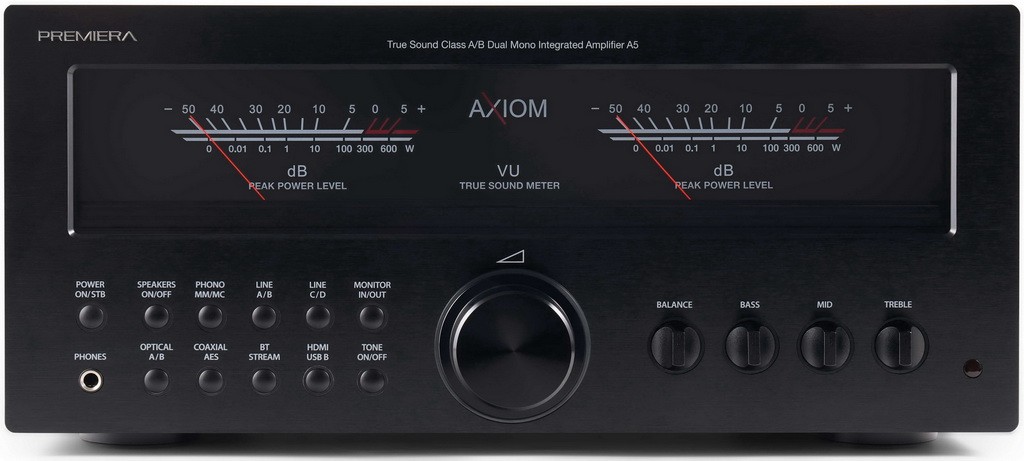Premiera Goes All-In on Class AB With the 275W A5 Axiom 5 The rated power is 170 watts per channel into an 8 ohm load. Advanced DACs handle signal conversion: the ES9038Pro (with 8-channel 32-bit HyperStream™ II architecture) supports PCM up to 32-bit/768 kHz and DSD256 (via DoP), while the ES9826 (with 2-channel 32-bit HyperStream™ IV architecture) complements the amplifier's audio capabilities.