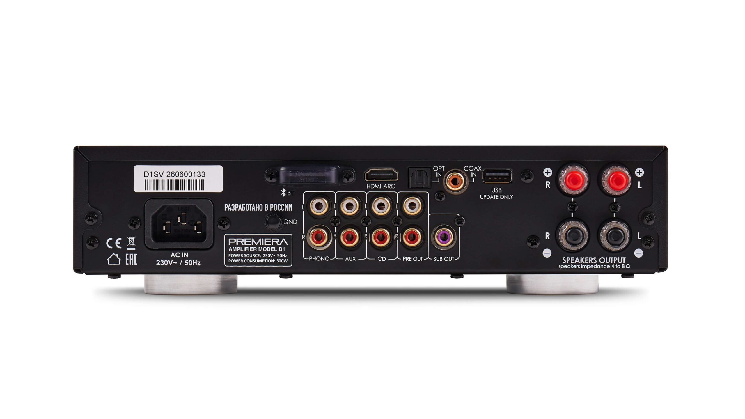 Premiera D1 Packs Class D Power, Sabre DAC and MM Phono Into a Compact Chassis 4 The rear panel switching unit includes three analog stereo RCA inputs (two line-level and one phono preamplifier), three digital inputs—optical, coaxial, and an HDMI ARC port —as well as a USB-A port for firmware updates.