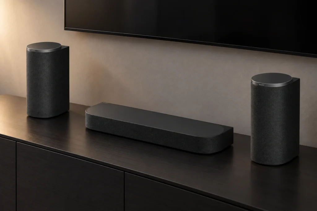 The Sony BRAVIA Theatre Trio uses a dedicated center speaker, two wireless front speakers and spatial processing to deliver a broader alternative to a conventional soundbar.