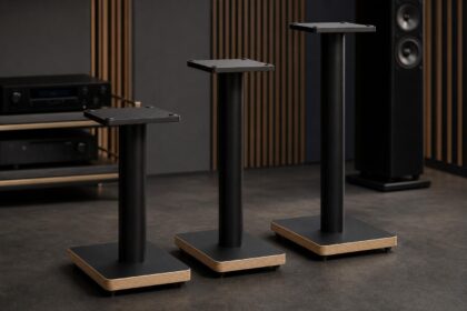 Blok Axis bookshelf speaker stands with metal columns and wide plywood bases