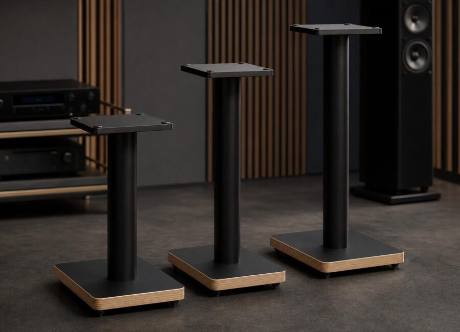 Blok Introduces Axis Speaker Stands in Three Height Options 5 Blok Axis bookshelf speaker stands with metal columns and wide plywood bases