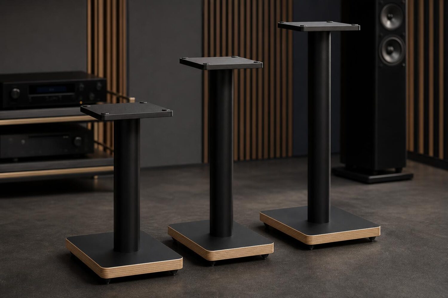Blok Axis bookshelf speaker stands with metal columns and wide plywood bases