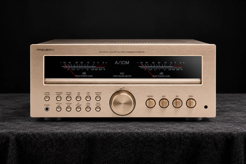 Premiera A5 Axiom combines 275W Class AB power, dual-mono construction, ESS Sabre DAC, HDMI ARC, MM/MC phono and Bluetooth 5.4.