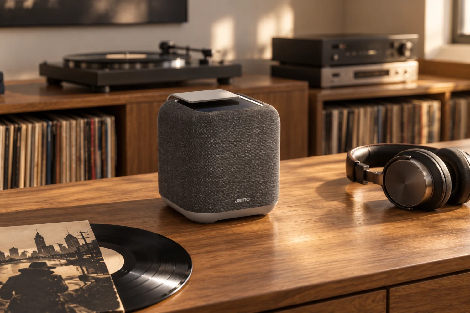 Jamo’s flagship Hyg-series wireless speaker pairs a fabric-covered cabinet with angled drivers, adaptive lighting and broad streaming support.