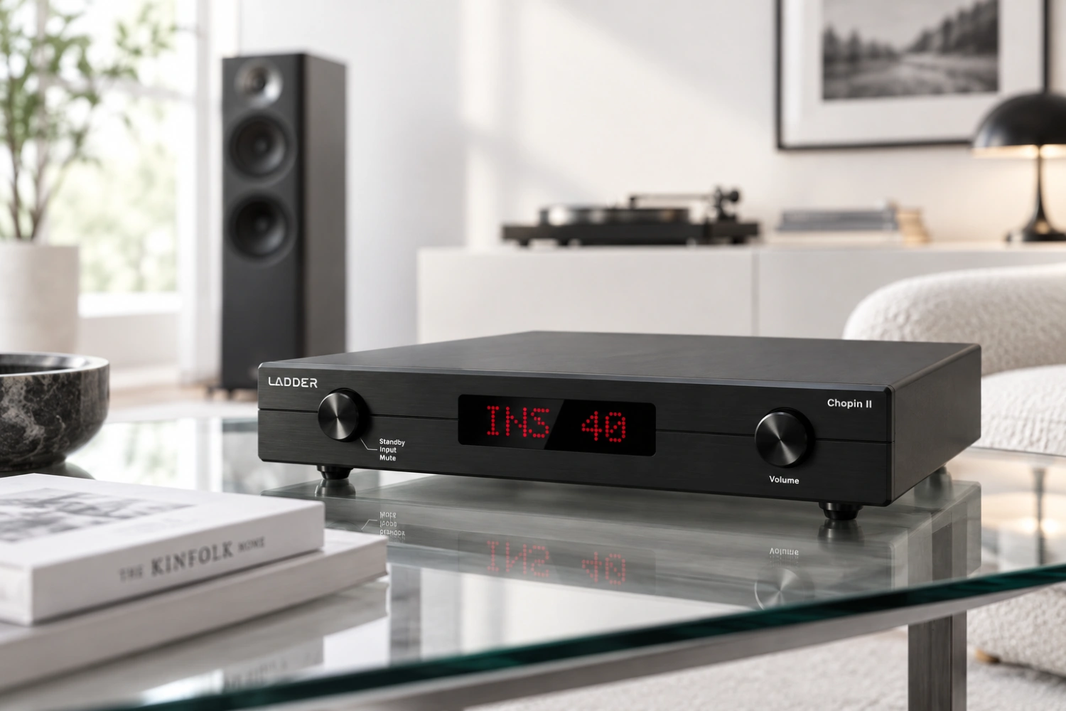 The compact Ladder Chopin II preamplifier features fully balanced discrete Class-A circuitry, relay-based volume control and both XLR and RCA connections.