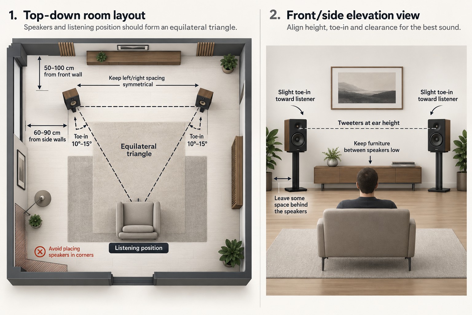 How to Set Up Speakers for Better Sound in a Real Room 8 Proper speaker placement helps create a balanced stereo image, with equal spacing, slight toe-in and the listening position forming a near-equilateral triangle.