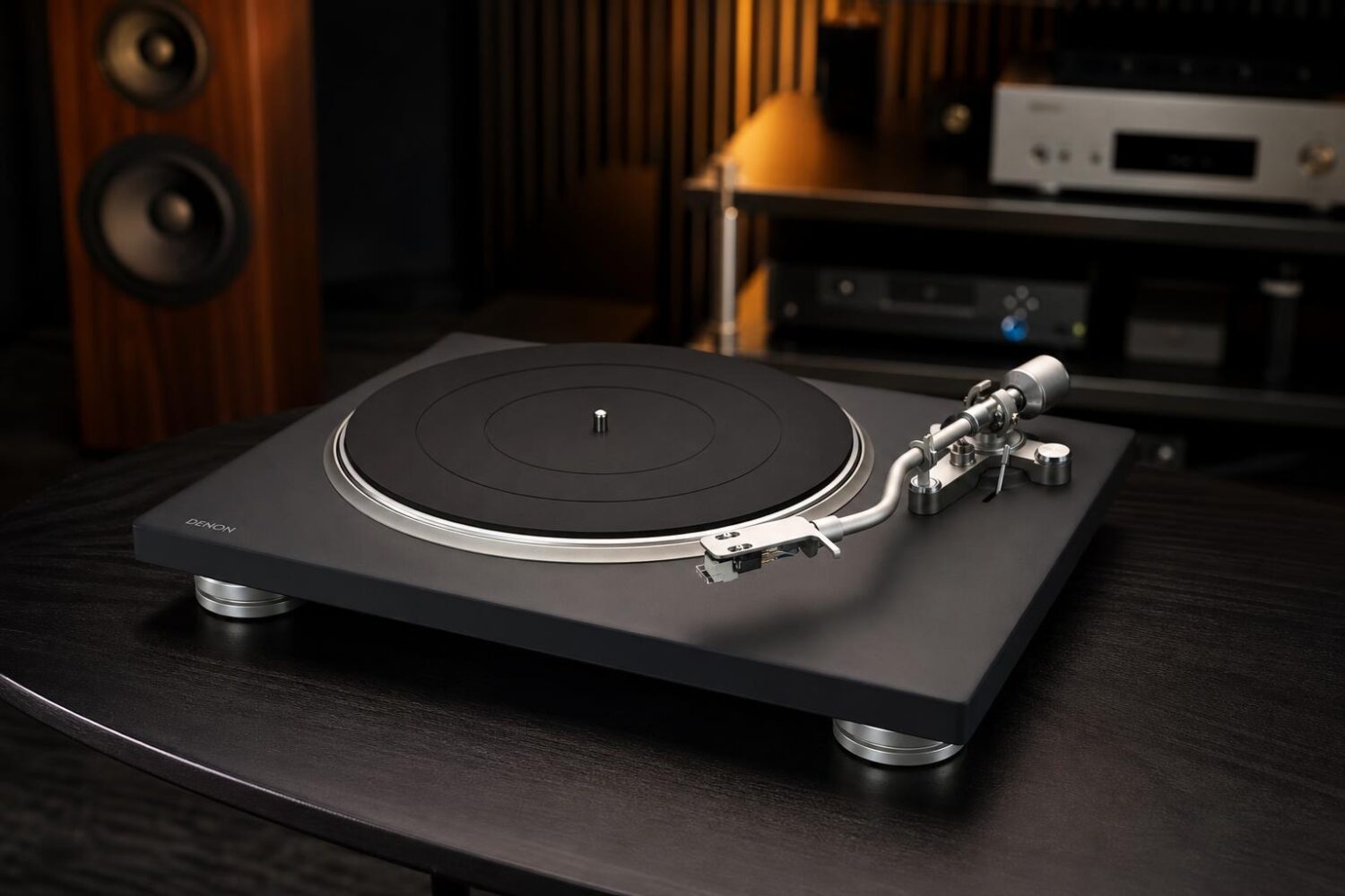 Denon DP-500BT belt-drive Bluetooth turntable with S-shaped tonearm and dust cover