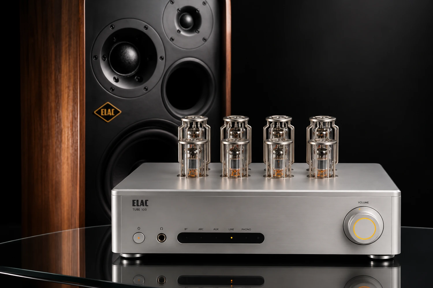 ELAC’s Tube 100 brings HDMI ARC and modern source control to a traditional valve-amplifier format, accompanied by the retro-styled Baltic EL 100 three-way speakers.