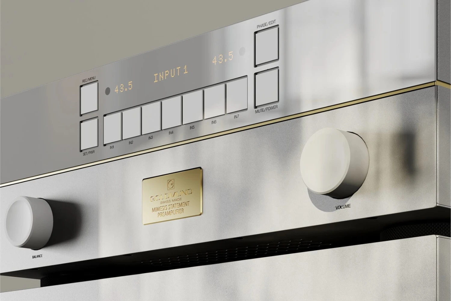 The Mimesis Statement moves to the top of Goldmund’s preamplifier range with a three-chassis layout, separate left- and right-channel power supplies, and fully symmetrical analog circuitry.