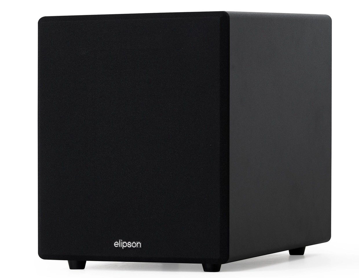 Black Elipson subwoofer with fabric grille, rounded cabinet edges and short feet