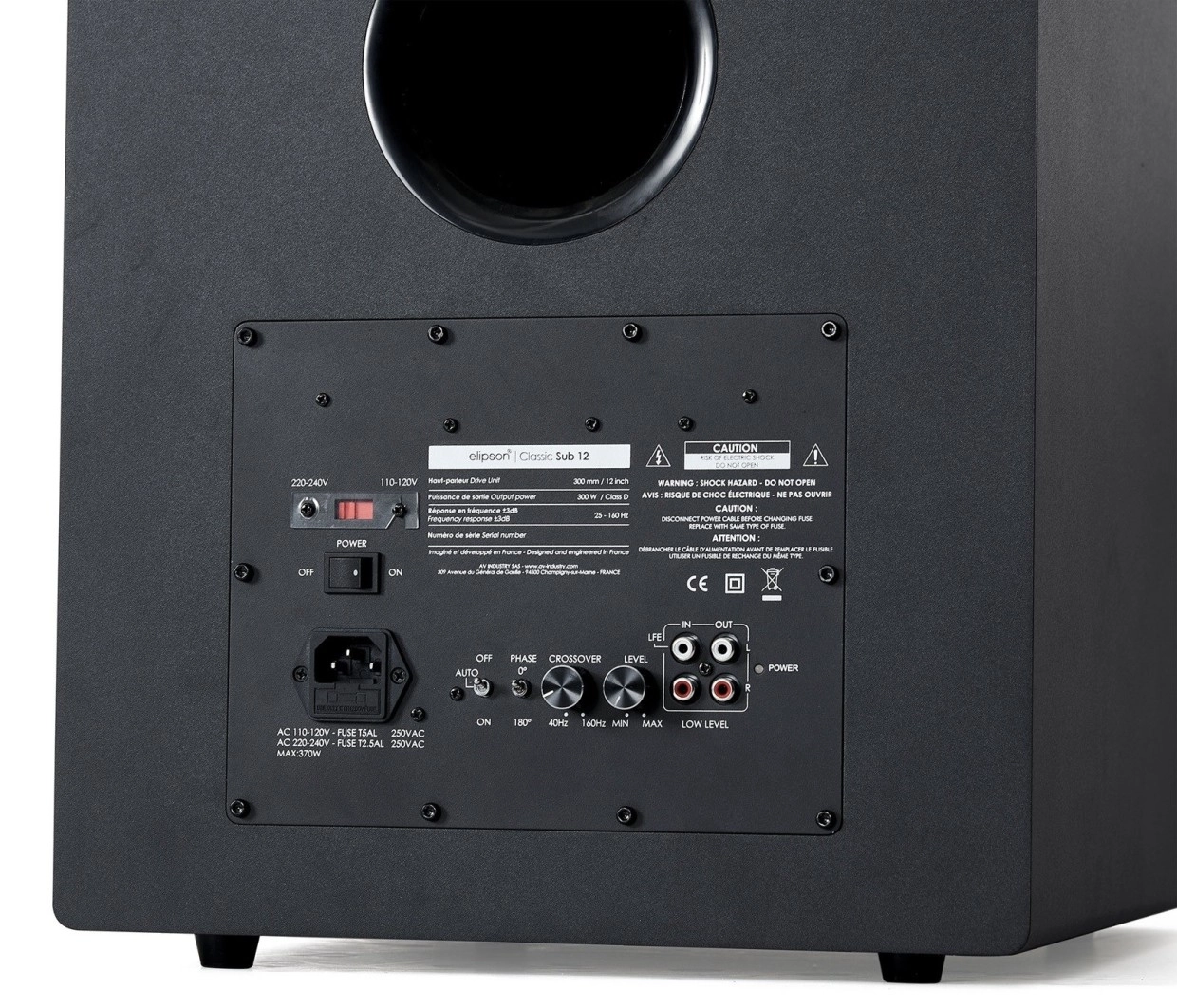 Angled rear view of Classic Sub 12 with port, amplifier panel and cabinet feet