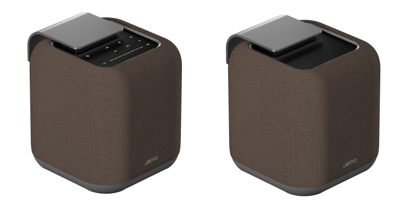 Jamo Hyg 5 Makes the Wireless Speaker Part of the Room 22 Two brown fabric Jamo Hyg 5 speakers with touch controls lit and unlit