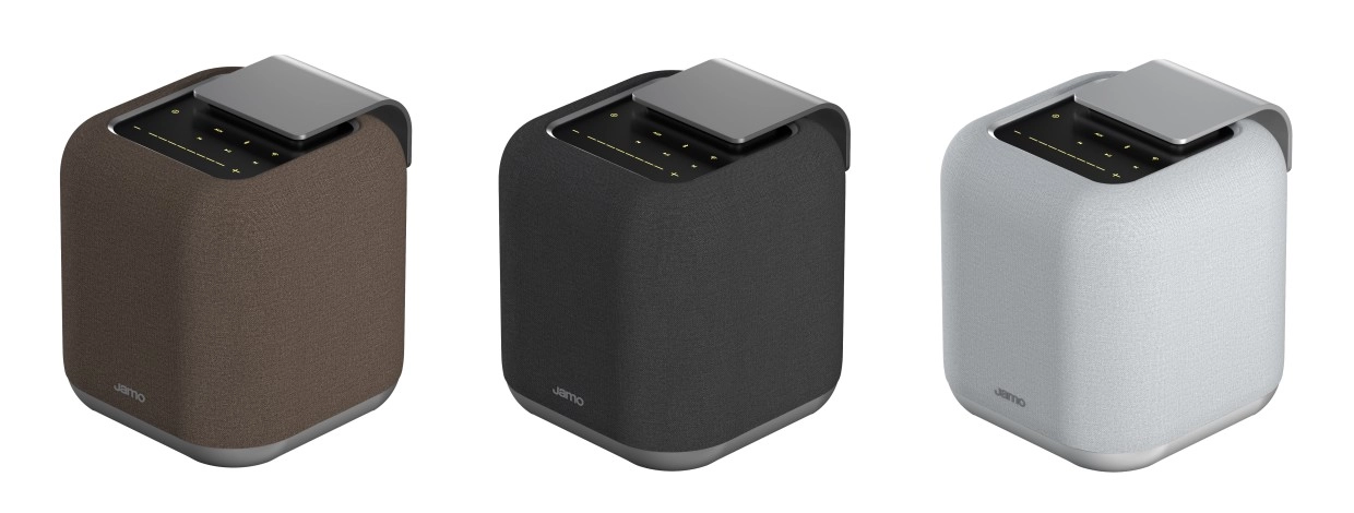 Jamo Hyg 5 Makes the Wireless Speaker Part of the Room 24 Brown, charcoal and light grey Jamo speakers displayed in three-quarter view