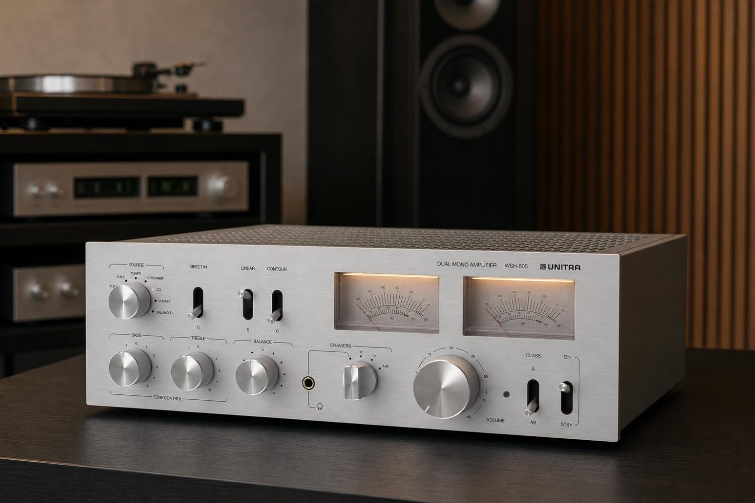 Unitra WSH-805 integrated amplifier with VU meters and physical switches