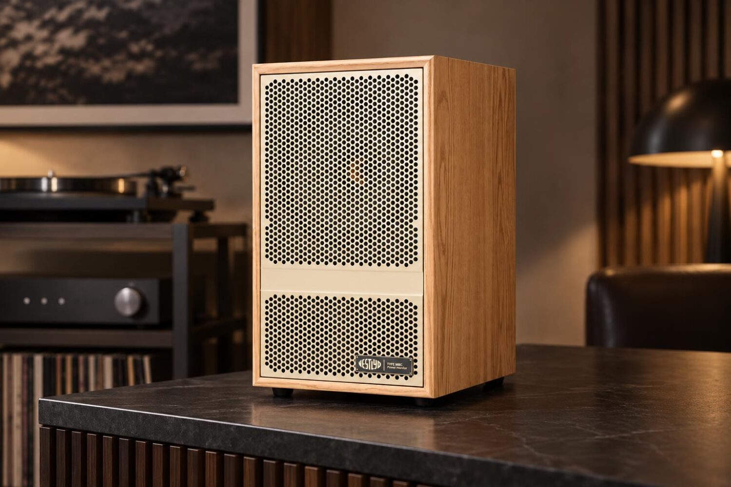 Vestlyd M8C Active powered coaxial speakers in an oak finish