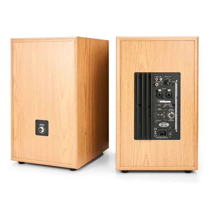 Vestlyd M8C Active Recasts the Power Monitor as a Complete Audio Hub 24 Rear view of two oak speakers with connection socket and full control panel