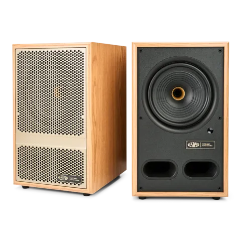 Vestlyd M8C Active Recasts the Power Monitor as a Complete Audio Hub 22 Two oak Vestlyd M8C monitors in grilles-on and exposed-driver configurations